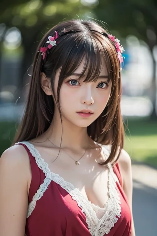 (in 8K, top-quality, masterpiece:1.2), (realisitic, Photorealsitic:1.37), ultra-detailliert, Natural sunlight, mideum breasts, I can see the cleavage, 1 persons, 25 year old woman, Dark hair, Pendants, Torn shorts, Light Knit V-Neck Shirt, At the time of performance, extremely detailed face and skin, A detailed eye, extremely detailed face and skin