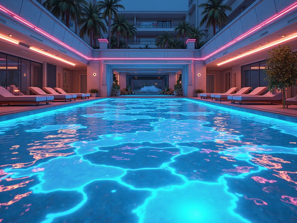 barefoot wet thicc fitness model with her wet body after a dive, bathing inside glowing pool indoors of spaceship. the glittery sky outside of the ship can ben seen through a window in the background and, together with exotic neon flora and bioluminescent plantlife, cast striking bounce light on her wet form in the dark dimly lit room, the caustic reflections of the pool bounce dappled light dramatically on her wet skin. (at the edge of the pool, is a pair of heels made of glass). stark contrast, sharp details, fine details, detailed background, dynamic, scenic, perspective, composition, rule of thirds, cinematic, detailed face, detailed body