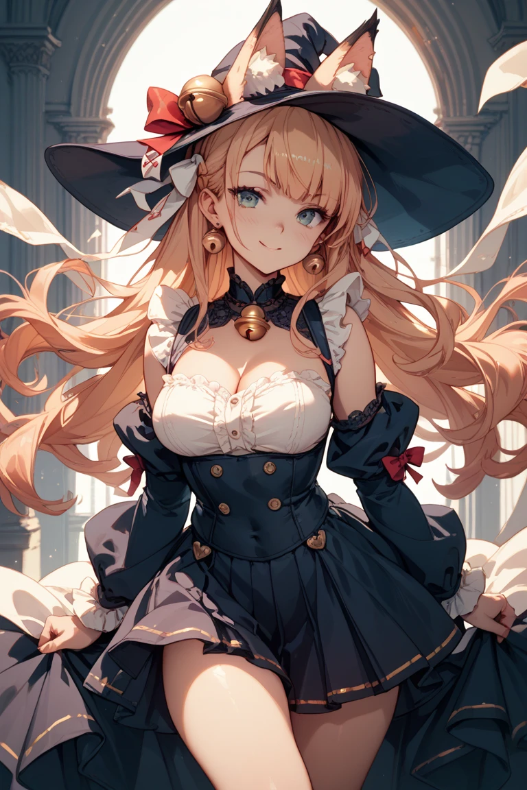 (masterpiece),(best quality),(ultra-detailed),(best illustration),(best shadow),(absurdres),(detailed background),(very aesthetic),1girl, solo, hat, blonde-hair, drill-hair, gloves, breasts, blue-eyes, witch-hat, thigh-boots, thighhighs, boots, elbow-gloves, open-mouth, staff, purple-headwear, smile, dress, full-body, simple-background, cleavage, large-breasts, looking-at-viewer, purple-dress, very-long-hair, purple-gloves, holding, purple-footwear, wand standing-on-one-leg, twin-drills, holding-staff, witch, black-footwear, puffy-sleeves