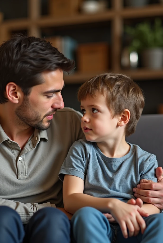 Portrait of a father and son sitting at a table having a coffee