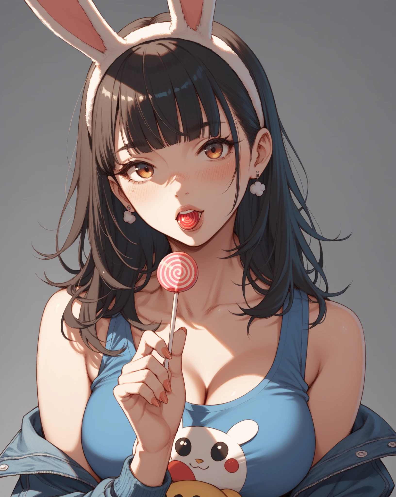 Girl, black hair, black eyes, beautiful, strapless mint dress, pastel colors, face close-up, flat, ponytail, sucking a green lollipop, lipgloss, brat, Korean, sexy, tongue out