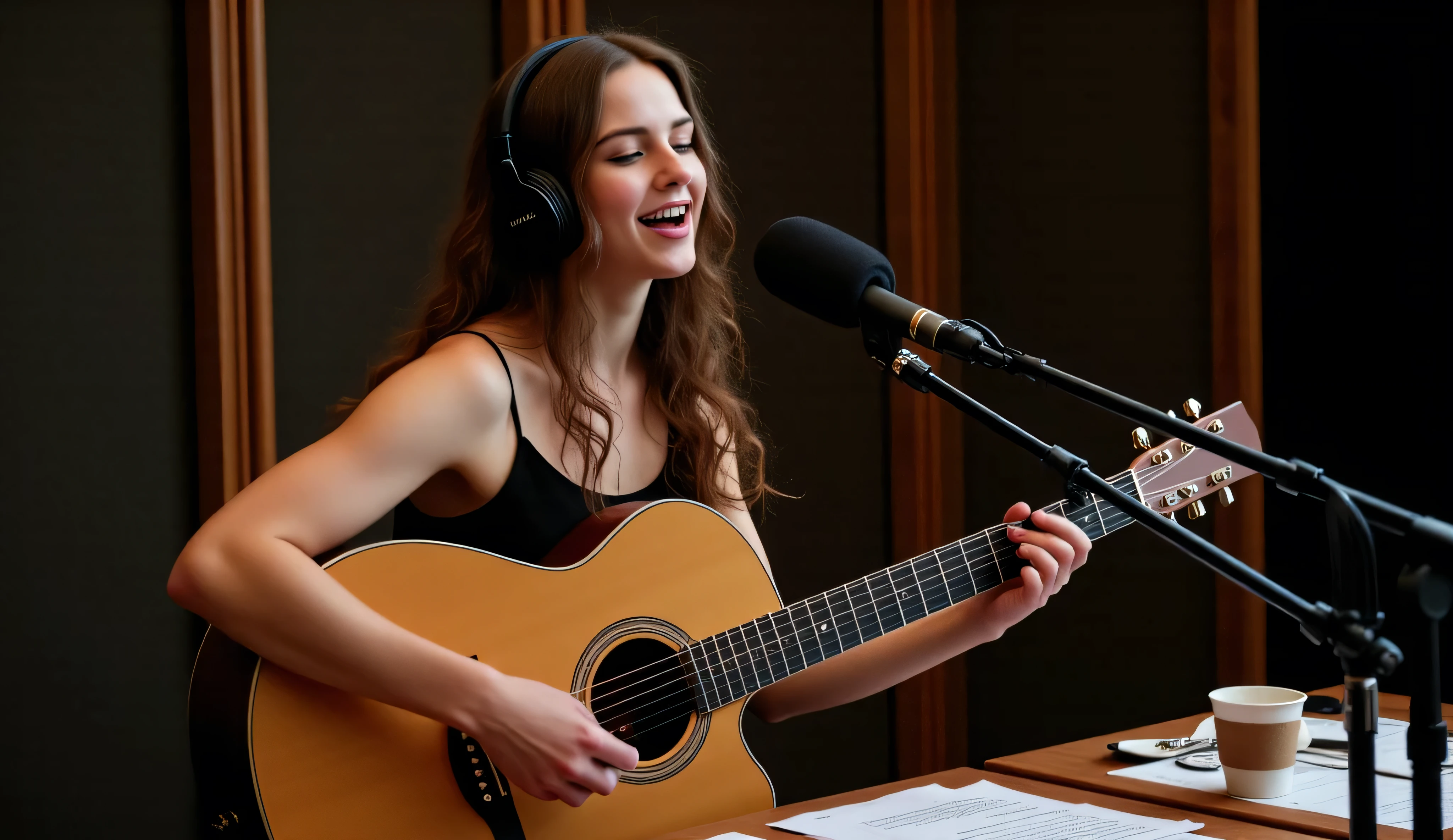 A young woman with long, wavy brown hair and fair skin, She wears a delicate spaghetti strap Black dress, sitting in a professional recording studio, playing an acoustic guitar and singing with deep emotion. She wears high-quality studio headphones, her fingers skillfully strumming the guitar as she sings into a premium condenser microphone. The studio is dimly lit with warm, cinematic lighting, highlighting the soundproof panels and modern recording equipment around her. Her eyes are slightly closed, fully immersed in the music. A few scattered lyric sheets and a cup of coffee rest on a nearby table, adding to the creative atmosphere. The background is softly blurred, focusing attention on the artist and her guitar. Created using cinematic lighting, high-definition details, soft shadows, and a professional studio aesthetic. --ar 16:9