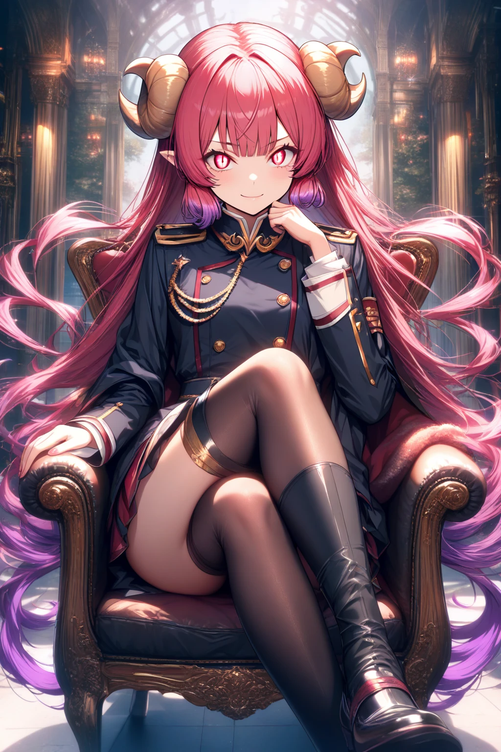 Gorgeous ass, (grab for:1.6), Sitting at the table in an armchair, Take a look at us, Pink thong, Detailed thick G string, (long socks), Two-tailed, Black and red uniform of a high school student, Rough room, Take a look at us, soft smile, upskirt, Random hair color, smug face, sitting, (with a naked torso:1.3)