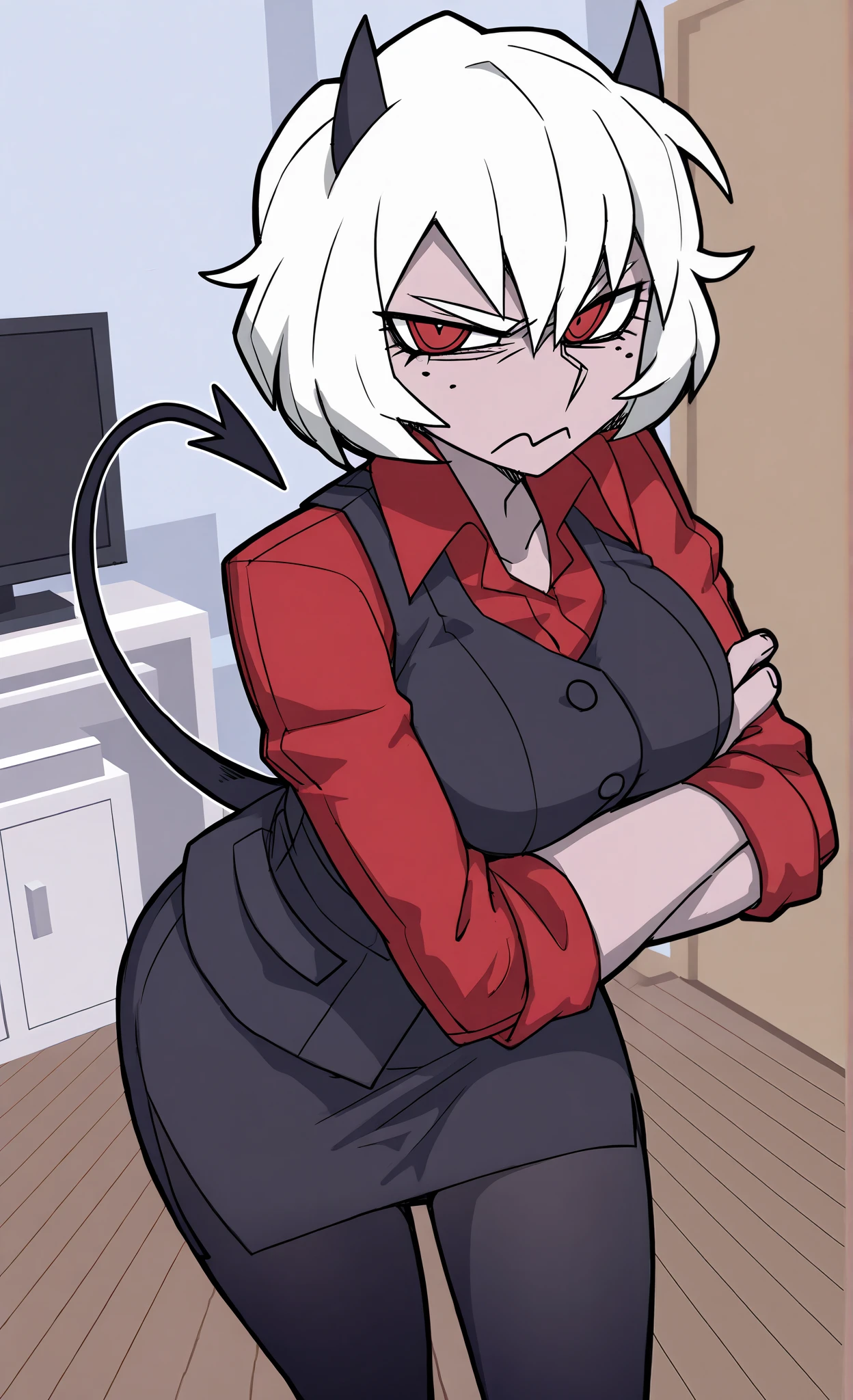 ((malina)), ((helltaker)), ((masterpiece)), ((high resolution)), ((solo portrait)), {(attractive figure), (pale skin), (beautiful legs), (short white hair), (demon horns), (demon tail), (cute red eyes), (short eyelashes), (annoyed look)}, {(red tee shirt), (black vest), (black pencil skirt), (opaque pantyhose)}, {(standing), (leaning forward), (crossed arms), (looking at viewer)}, ((living room)), ((light blue walls)), ((wood floor)),