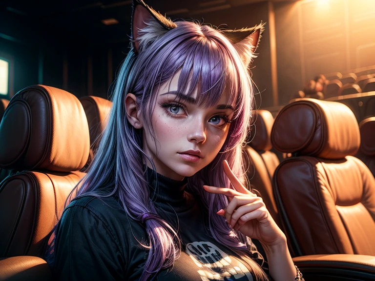 45yo woman, beautiful detailed eyes, looking at viewer, colored hair, lewd smile, sugerent, erotic, cat ears headphones, detailed hair, detailed lips, skin spots, detailed skin, big breasts, in a gamer room, Gaming Pc, neon lights, masterpiece, best quality, cinematic, volumetric lighting, very detailed, high resolution, sharp, sharp image, 4k, 8k, 35 mm