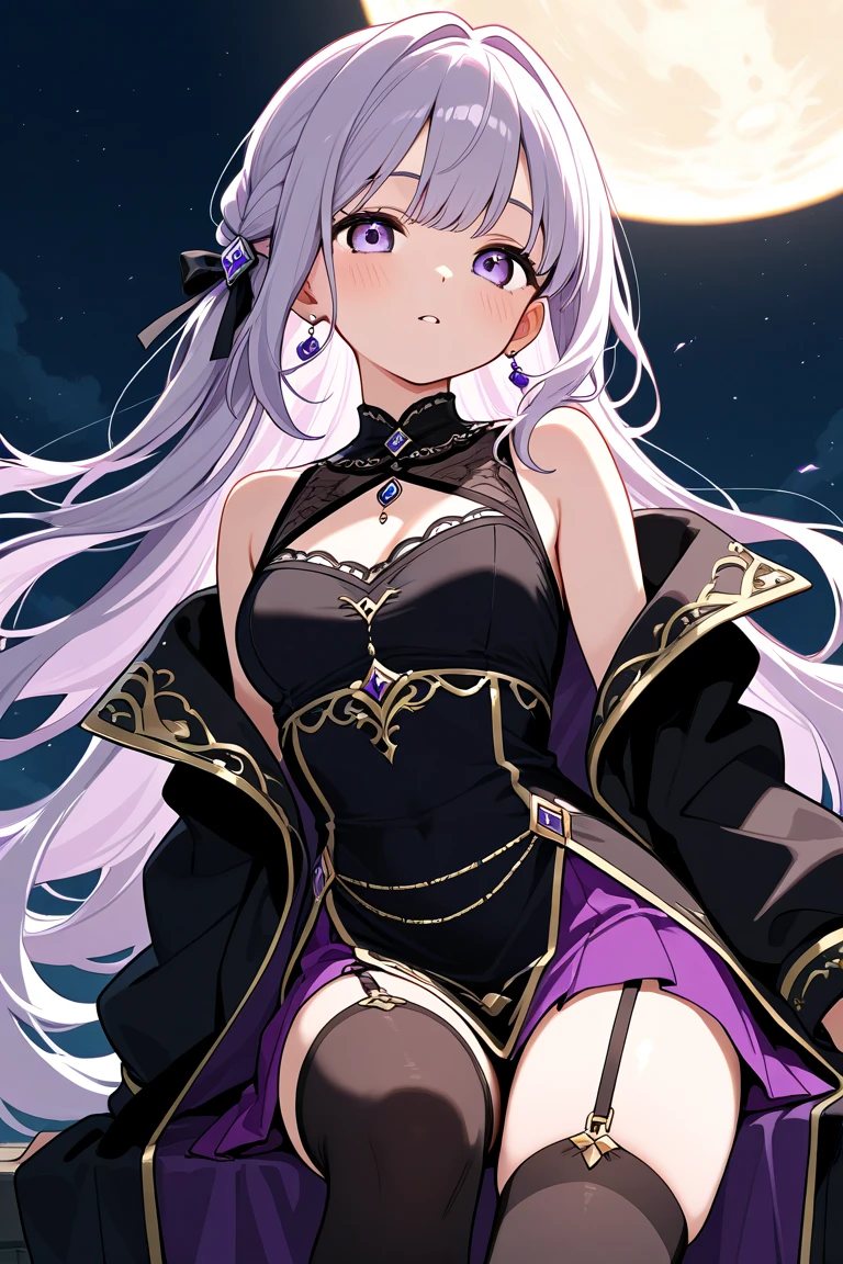 masterpiece, 8k, Highest quality, Very detailed, Purple & A beautiful girl in a blue magical robe with a moon motif、Close-up on the characters、(building, city、A dense fog of fluorescent particles、１８００Era、Western style、Fiction、grow、Overwhelming、Detailed street）、A pretty woman with a beautiful background and a lovely pose