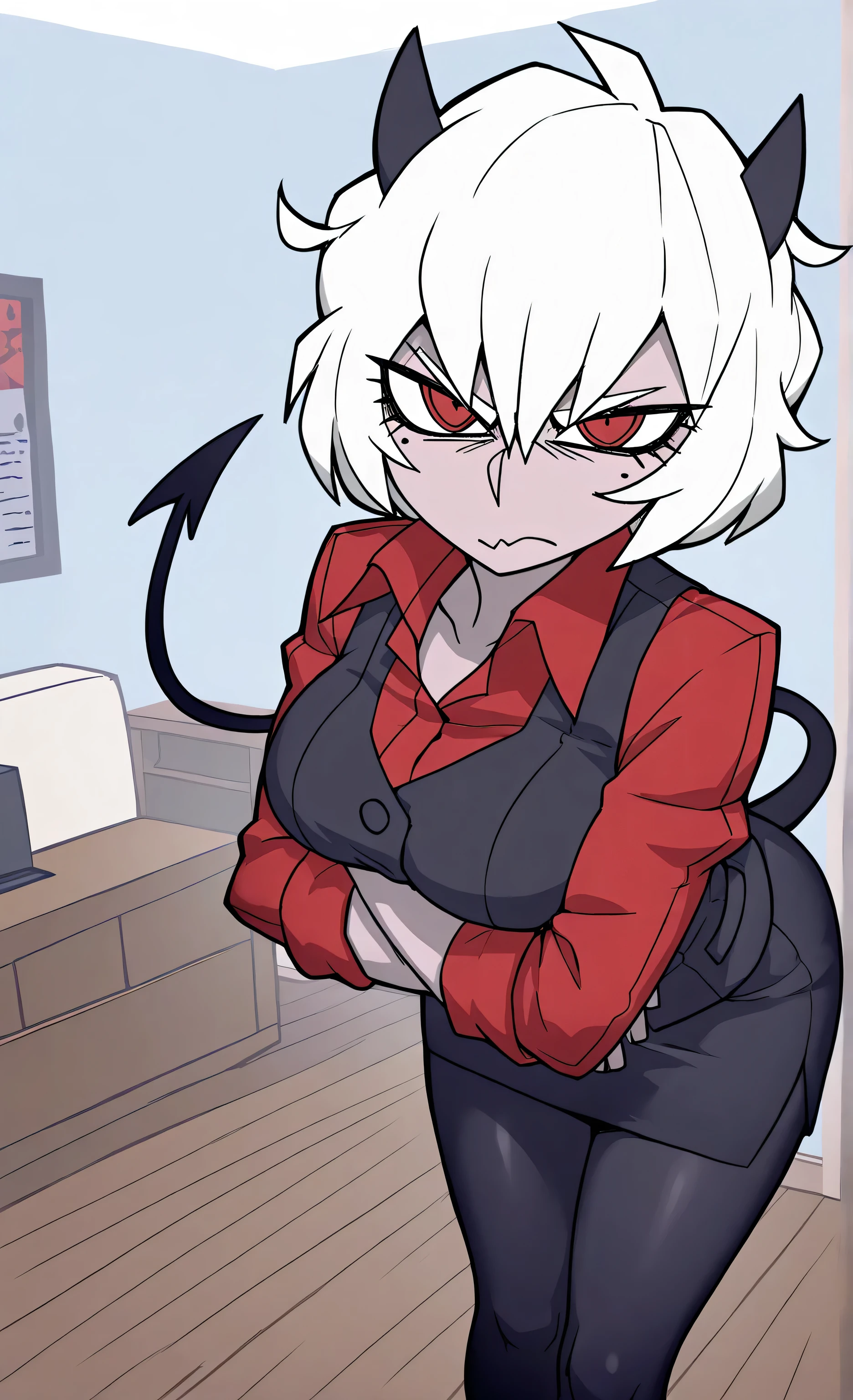 ((malina)), ((helltaker)), ((masterpiece)), ((high resolution)), ((solo portrait)), {(attractive figure), (pale skin), (beautiful legs), (short white hair), (demon horns), (demon tail), (cute red eyes), (short eyelashes), (annoyed look)}, {(red tee shirt), (black vest), (black pencil skirt), (opaque pantyhose)}, {(standing), (leaning forward), (crossed arms), (looking at viewer)}, ((living room)), ((light blue walls)), ((wood floor)),