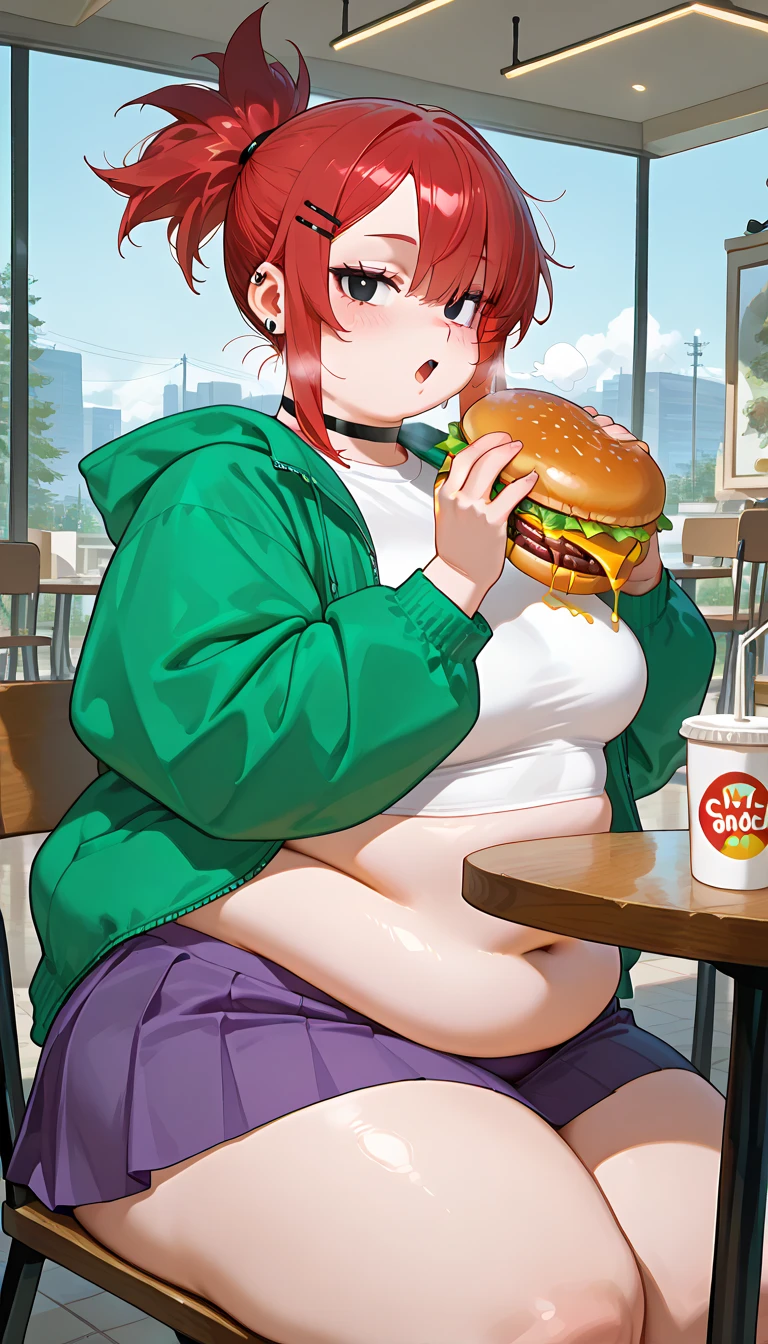 Miko Iino, fat, large belly, chubby, overweight, twin tails, Christmas, wearing sweater, sitting down, table full of food, cookies, eating cookies, very fat, Christmas season, Christmas time, Christmas season, holidays, Christmas sweater,