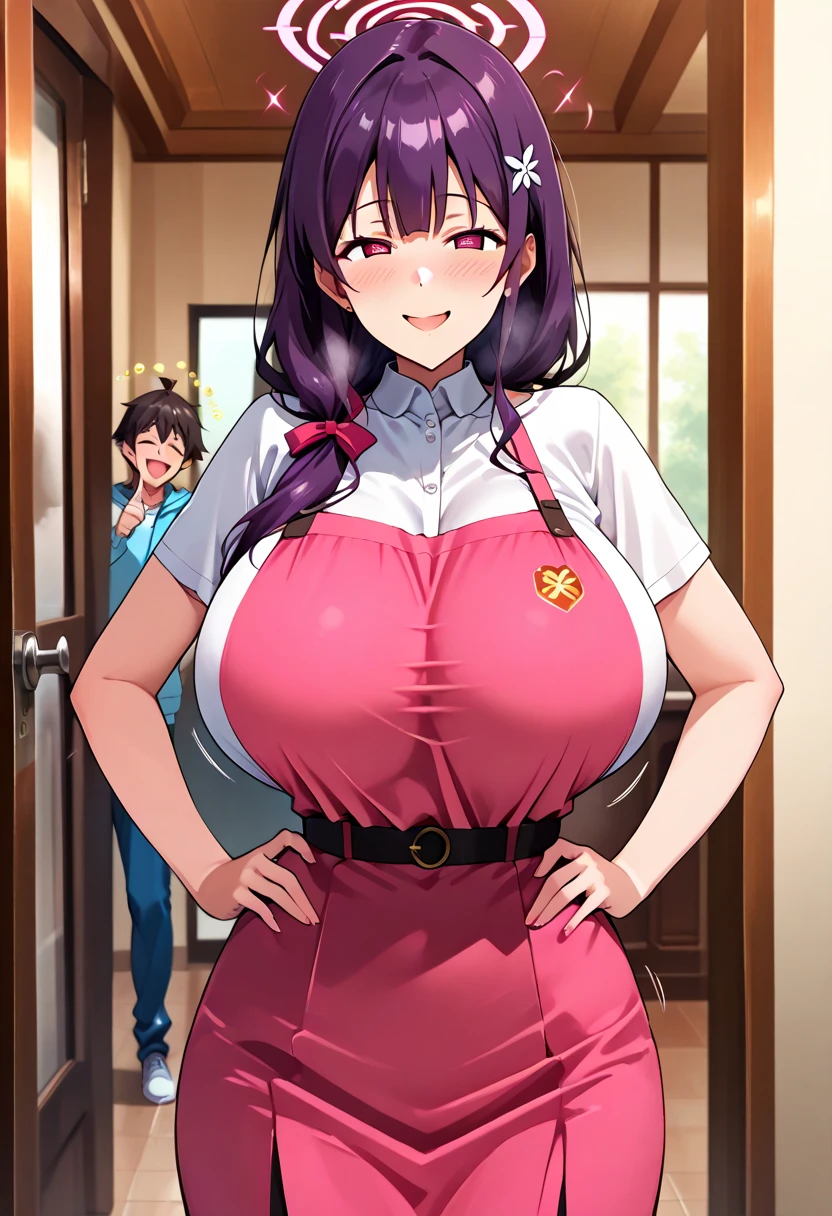 multiple thick body middle-aged women milf wearing shirt dress show backside to camera show patterned panties, old Japanese house doorway, nsfw, milf leans forwards show cleavage to camera,