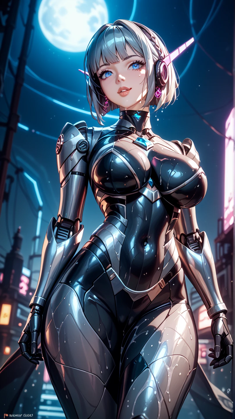 (muste piece:1.3)、(8K、photorealistic、Raw photo、best quality: 1.4)、(solo)、16 year old female of Anglo-Saxon descent、Looking at the camera from below、beautiful face、Beautiful face with perfect symmetry、cute face、wonderful smile、(beautiful short silver hair、short bob cut)、Beautiful purple eyes、perfect anatomy、(high detail skin: 1.2)、large and precise breasts、Overflowing cleavage、Beautiful thighs、A woman sitting on a bench with a knife、platinum blonde hair、short hair、crossed bangs、asymmetrical bangs、short bob cut、intense violet eyes、perfect anatomy、very mysterious smile、Attractive、超High resolution、Super realistic、extremely detailed、golden ratio、Inspired by Shirow Masamune、mechanical armor girl、Wearing golden metallic armor、photorealisticなアニメの女の子のレンダリング、Realistic anime 3D style、Epic battle fantasy Natalie、rogue anime girl、bad pose、A big city where you can see the sunset at 6 p.m.、red sunset clouds、vehicle carrying cargo、disorganized、High resolution、ultra sharp、8K、masterpiece、look at viewer、