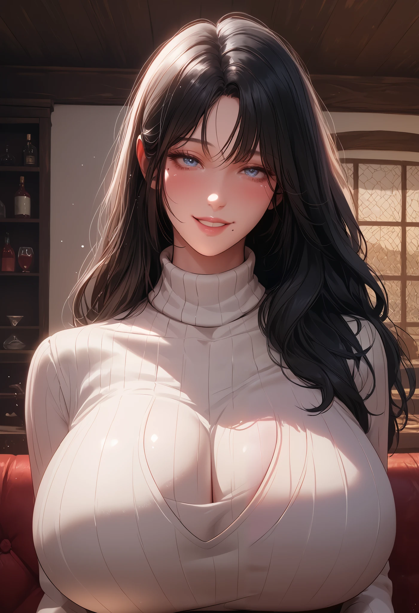 masterpiece, best quality, amazing quality, very beautiful, Absurd, latest, scenery, anatomically correct, 16k, UHD, accurate, expressive, {{1girl solo}}, illustration, masterpiece, ultra-detailed, {{detailed shading, detailed skin}}, {{realistic skin}}, BREAK, detailxl, female, living room, (mother with huge breasts, long wavy black hair, blue eyes, ribbed turtleneck, mole under mouth, seductive smile), blushing, drunk, from waist up