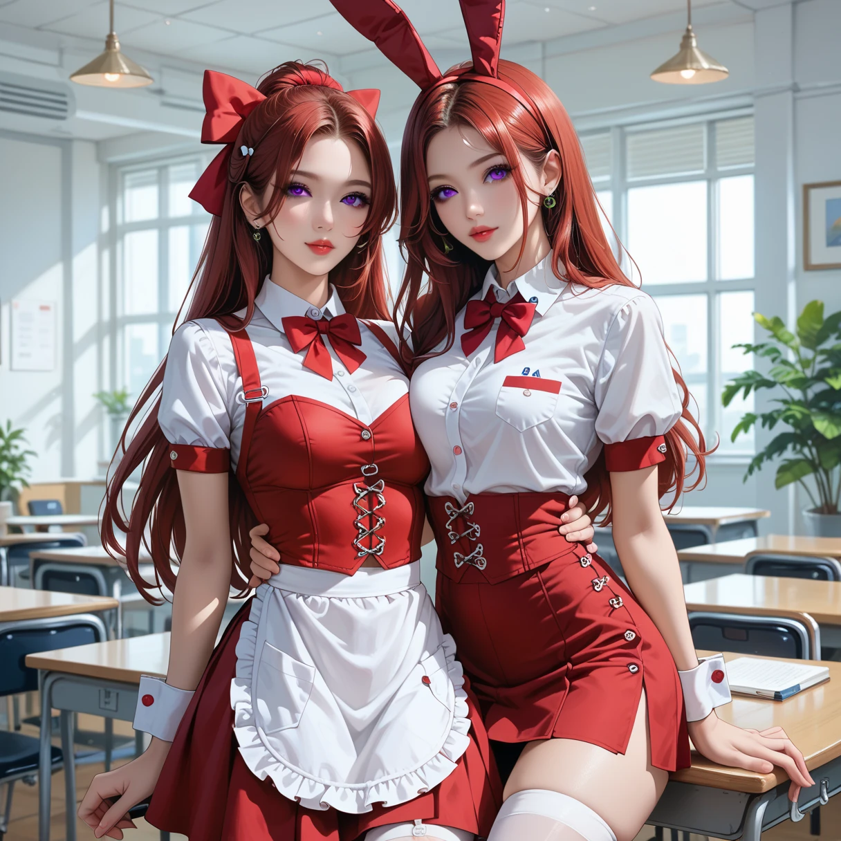 outrageous, best qualityer, 1 girl, standing alone, Red hair, purples eyes, long hair, big fit ass, oh Rabbit, bunny ears, red corset, gakuran, aprons, red ribbons around the neck, red skirt, headband, manga curta, wrist cuffs, white thigh highs, the jingle bells