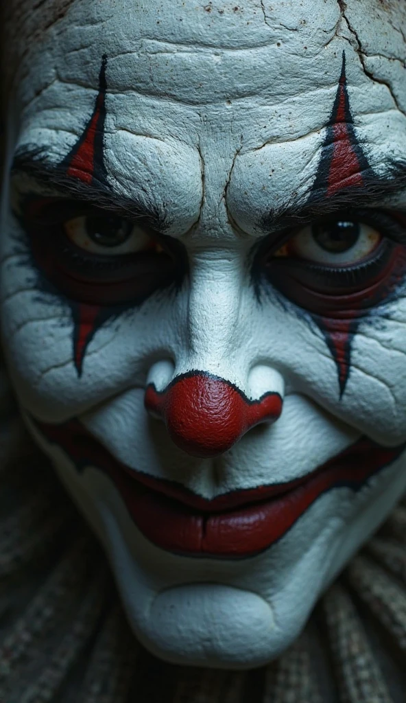 Create a detailed image of a sinister clown inspired by the style of the clown from the game 'Dead by Daylight'. The clown must have smudged makeup in shades of red, yellow and blue, and a disturbing smile. He must be in a threatening pose, holding a shining blade. The surrounding environment must be dark and foggy, evoking a sense of mystery and danger. The image should resemble a horror movie poster, with the title 'Deadly Laughter' in large, menacing letters at the top