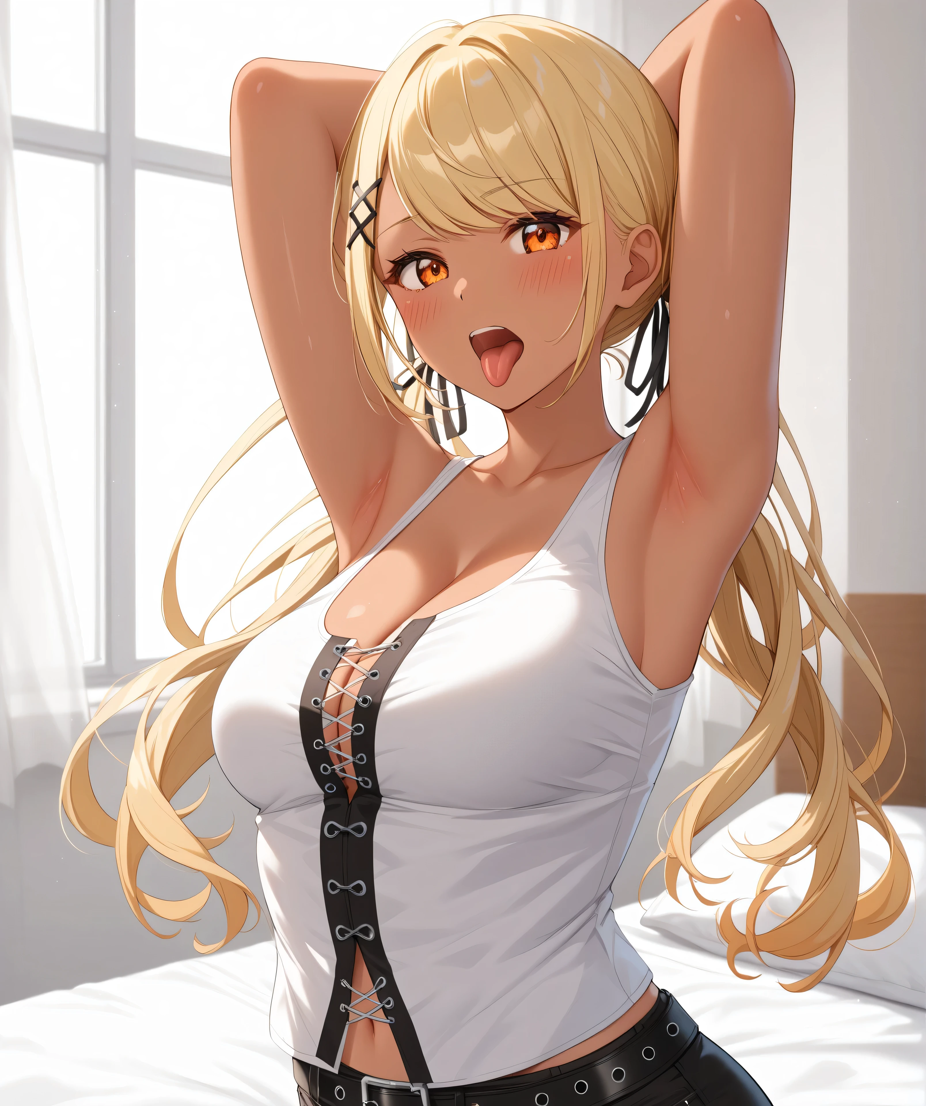 master piece、Best Quality,Super detailed,High resolution,Extremely detailed CG,Unity 8K Wallpaper,weat,score_9, score_8_up, score_7_up, score_6_up, score_5_up, score_4_up, source_anime,QpiCas, (orange eyes), dark skin, blonde hair, long hair, swept bangs, low twintails, x hair ornament, black hair ribbon, white tank top, cross-laced clothes, midriff, black belt, black shorts, thigh strap,professional quality、big hip、small breasts,nsfw,bed room,nsfw,Romanticism、thick thighs,wide hips,NSFW,thigh focus,in heat,cleavage,(impossible clothes)、big butt,Official Art,mature female,armpit focus,embarrassed,open mouth,tongue out,embarrassed、long tongue、blush、realistic,