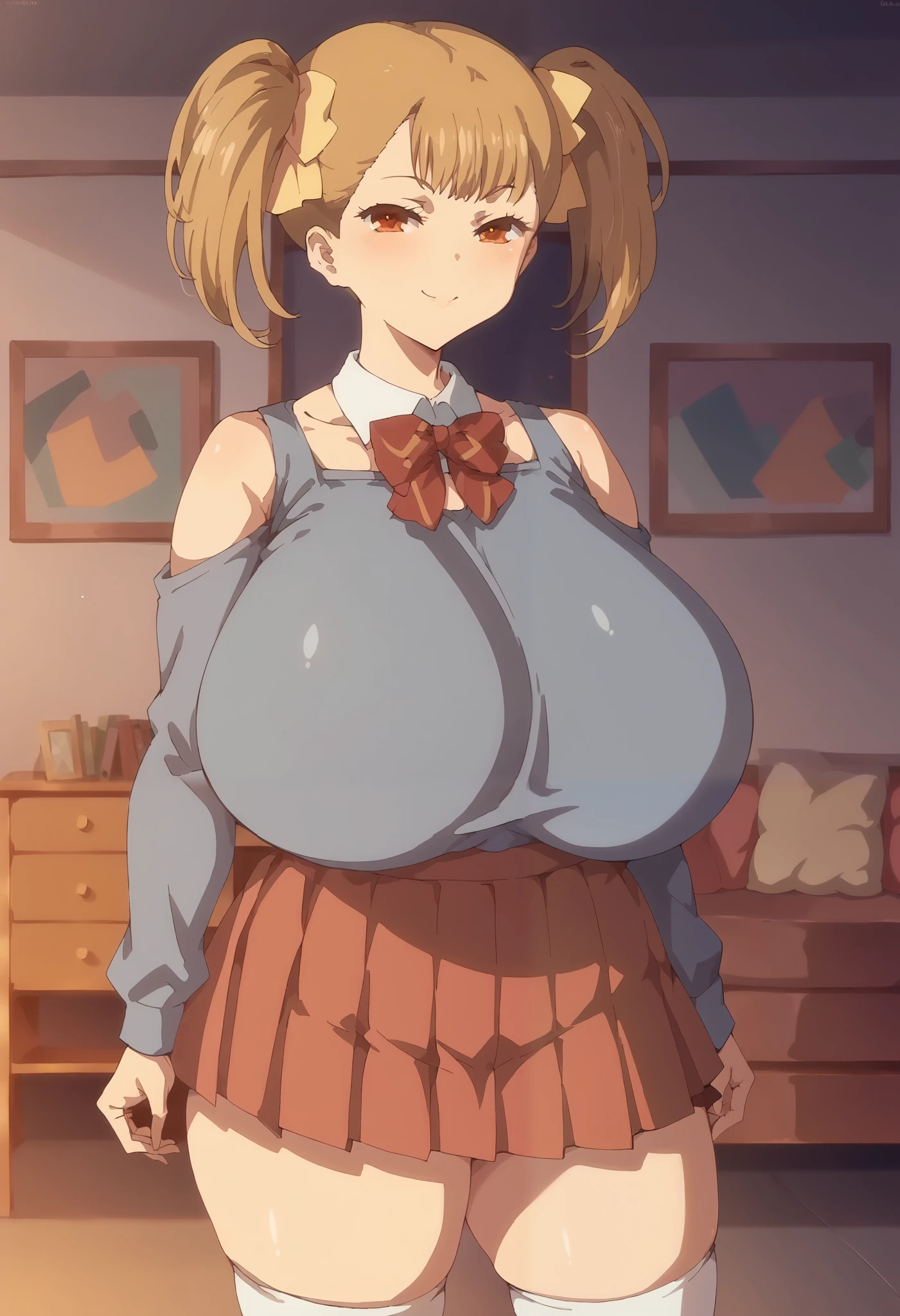safe_pos, Score_9, rumi, light brown hair, yellow ribbons in hair, orange eyes, middle bangs, shoulder length hair, twintails, 1girl, (huge breasts:1.3), thick thighs, standing, living room, navy blue jumper, long sleeves, red bowtie, white collar, red skirt, pleated skirt, white thighhighs, smile, smug look, looking at viewer, blush, cowboy shot, morning 