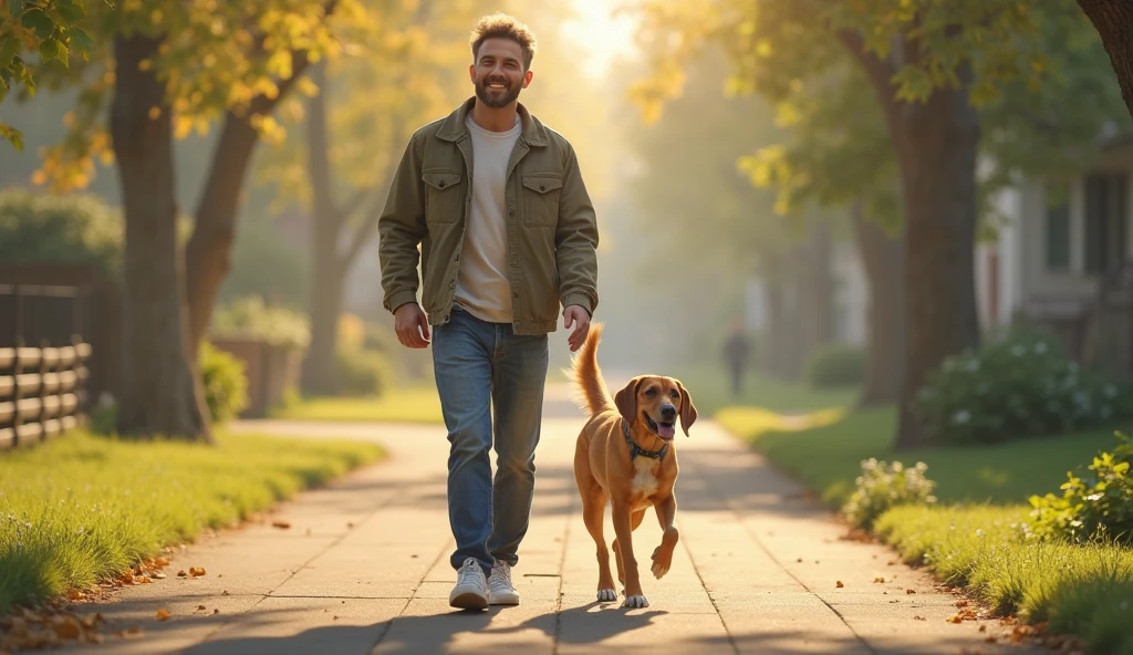 A man walking with his dog and looking at his dog and smiling