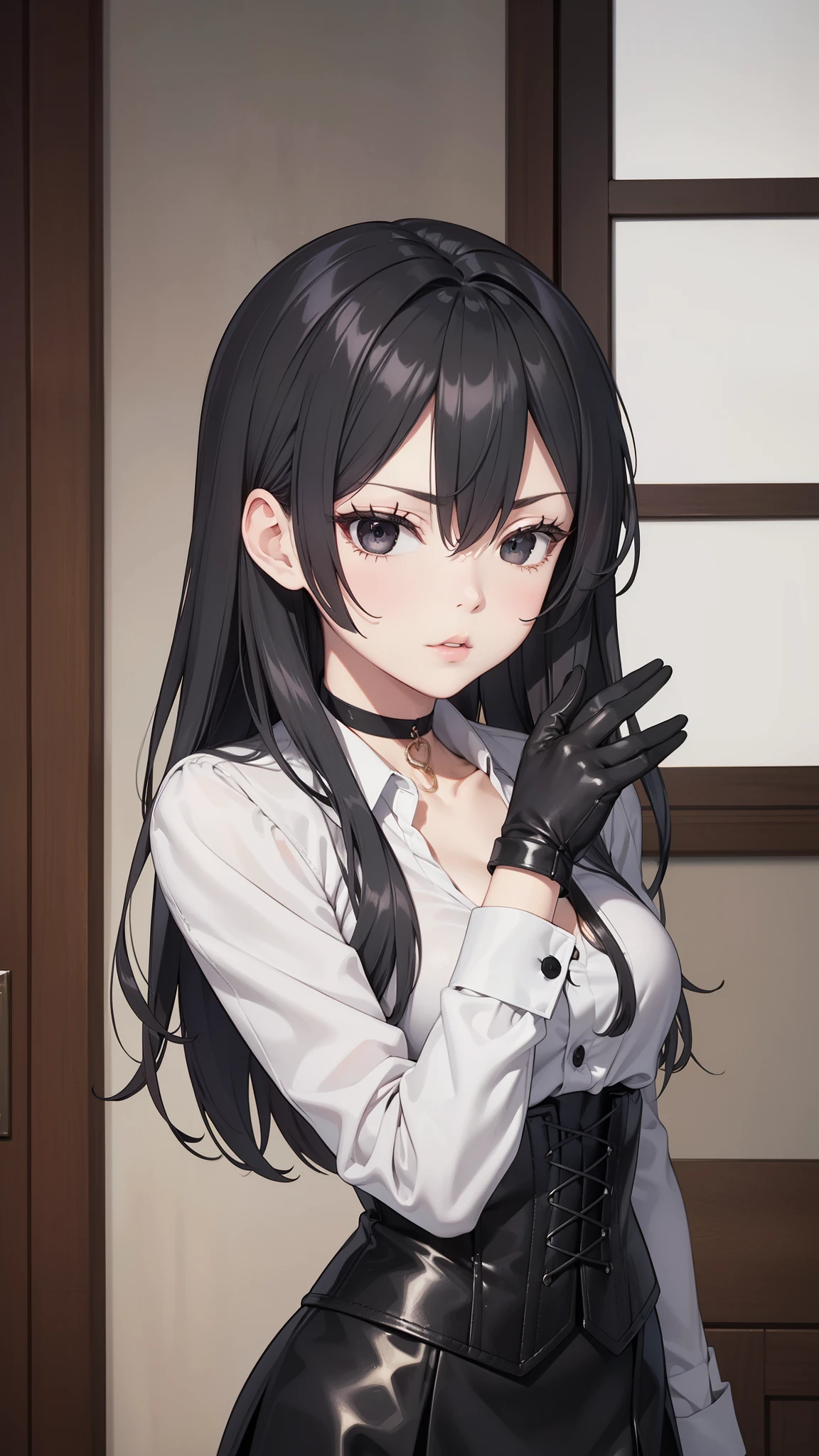 masterpiece background, beautiful art, professional artist, 8K, sciamano240, very detailed face, detailed clothing, Detailed fabric, ung girl, perfectly drawn body , beautiful face, (long black hair), black eyes, very detailed eyes, serious expression, detailed lips, choker:1.6, (long sleeve buttoned white collar shirt), black gloves, gloves that cover my hands , (black leather corset), (short black skirt), sensual lips , winter afternoon, show details in the eyes, elegant room, by day