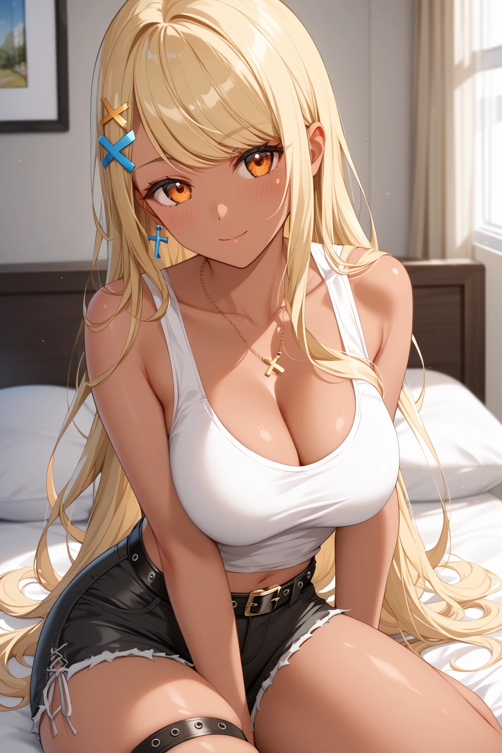 masterpiece, best quality, highres, kitagawa marin, 1girl, blonde hair, long hair, swept bangs, gradient hair, red eyes, jewelry, earrings, piercing, short shorts, glossy lips, light smile, wood floor, sitting, cleavage, (skinny)