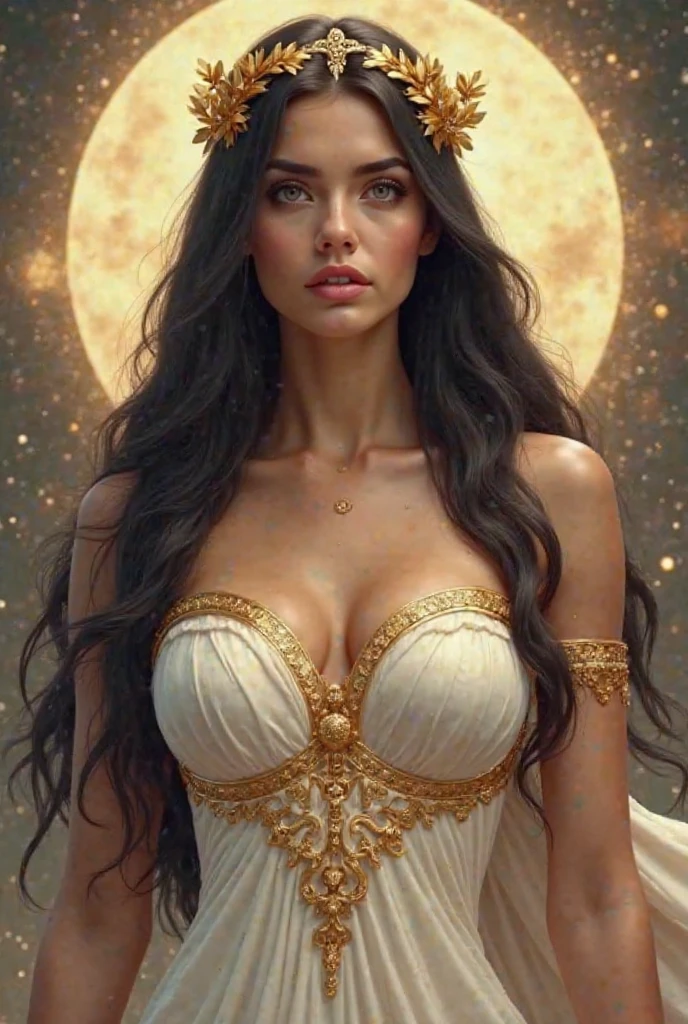 (masterpiece),(best quality), illustration, (fantasy:1.4), brown long hair, long eye lashes, solid circle eyes, light smile, Surrealism, drop shadow, anaglyph, stereogram, atmospheric perspective, 8k, super detail, accurate, best quality, UHD, textured skin, long dress, a moon, flowers , paper_cut