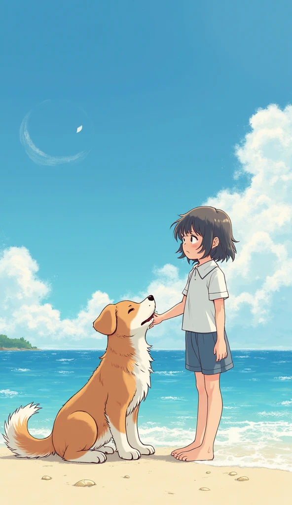 unique anime animation the boy looking at the sea with his friend, Puppy 