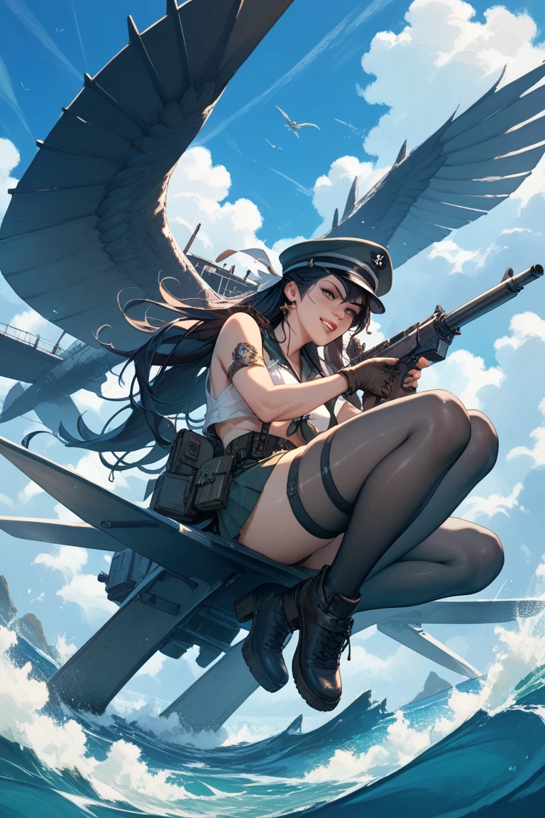 (highest_resolution, distinct_image), top quality, masterpiece, highly detailed, semi-realistic, beautiful 20 year old woman hanging by aircraft tires, military uniform, uniform cap, airbase, tarmac, fighter, air force, bomber, short black haired woman, beautiful face, beautiful eyes, black uniform, black pleated skirt,