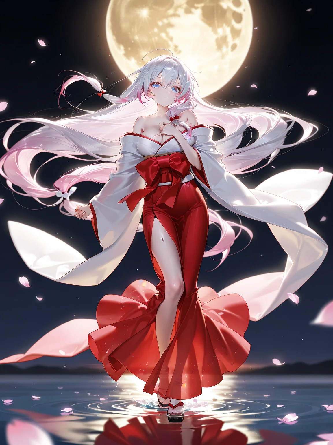Close-up, (beautiful girl), garlic, flower, (beautiful girl), bust photo, moist lips, sad eyes, white hair, long hair, smooth and delicate skin, red clothes, red long skirt, open thighs, brilliant and colorful, fantasy art, mysticism, dream scene, dream, dream light, seduction, psychedelic, misty halo, (((night)), river bank, full of flowers on the other side, dreamy, flying red tiny petals, red fluorescent petals, fluorescent flowers, Fluorescent flowing water, standing in water, shallow water, master works, extreme detail, planing correctly, correct limbs, accurate, hud, high definition, exquisite details, 8K, red light
