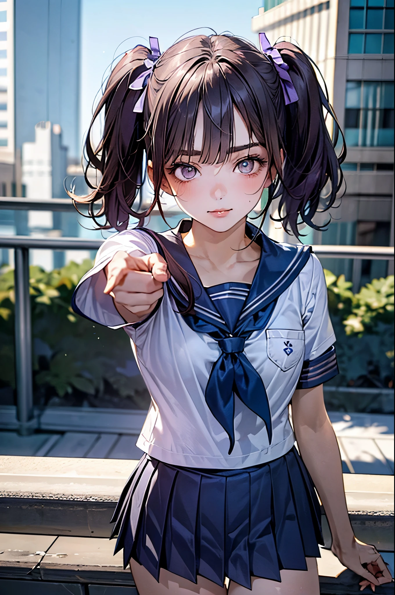 ((jojo pose, jotaro pose)), pointing, pointing at viewer, (masterpiece:1.3, top-quality, ultra high res, ultra detailed), (realistic, photorealistic:1.3), beautiful illustration, perfect lighting, natural lighting, colorful, depth of fields, 2025s, ,
beautiful detailed hair, beautiful detailed face, beautiful detailed eyes, (perfect anatomy, anatomically correct, super detailed skin), shiny skin,
1 girl, high school girl, cute and symmetrical face, perfect face, perfect eyes, perfect body, perfect fingers, babyface, cute face:1.2, tiny,
(short hair, twin tails, violet hair), blunt bangs, grey eyes, drooping eyes, big eyes, long eye lasher, (medium breasts, seductive thighs), slender, skin dentation, violet hair ribbon,
(detailed cloth texture), break ((short sleeve sailor uniform, , navy blue sailor collar:1.2, navy blue pleated micro mini skirt)), break ((dark blue sailor scarf)), break
(beautiful scenery), spring/(seasons/), evening, detailed background, (cityscape:1.5),