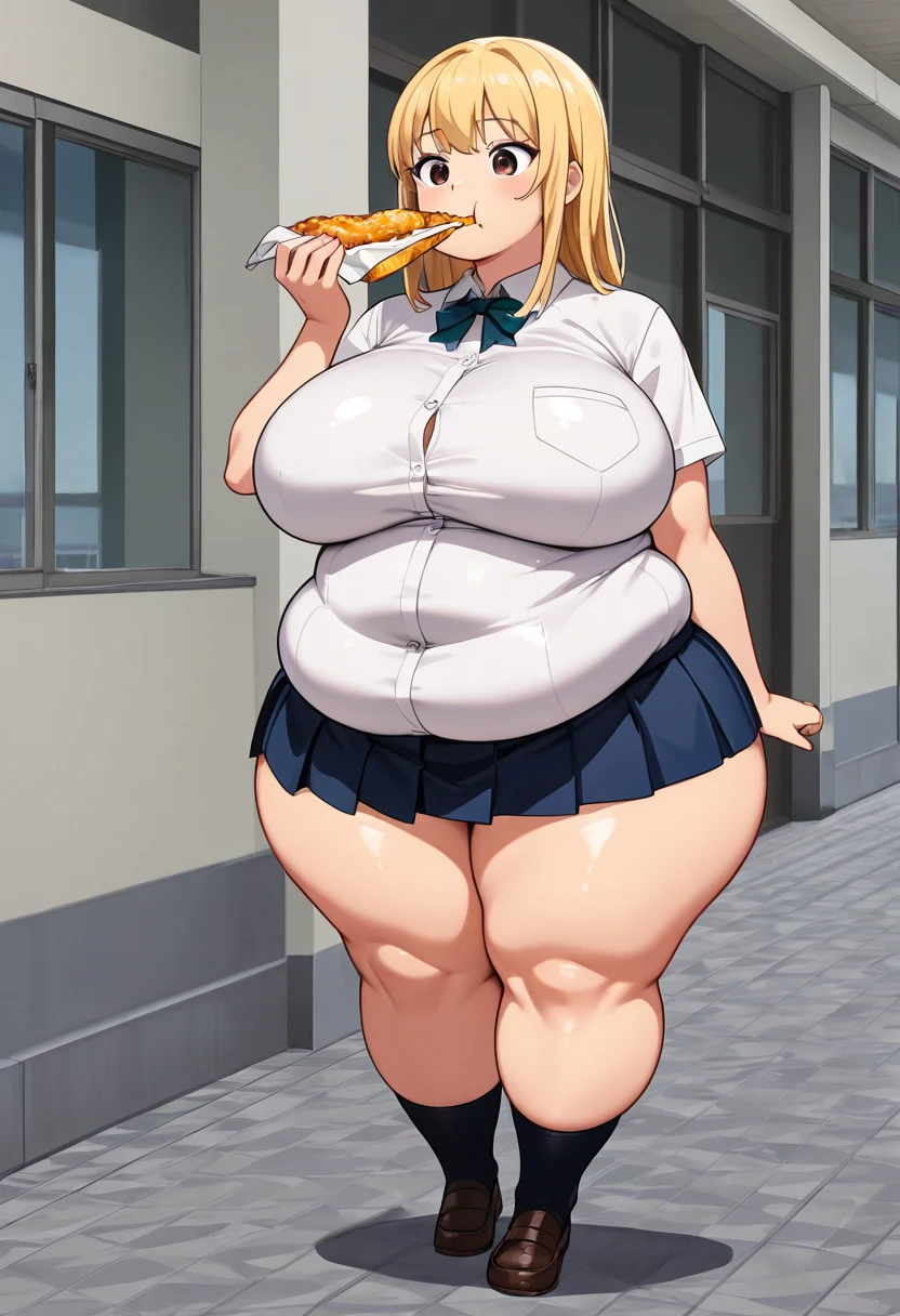 score_9, score_8_superior, score_7_superior, score_6_superior, sauce_anime, Low - Angle, From below, One girl, 1人のmaleの子, duo, big_female, small_male, size_difference, Are standing, obesity, break, ssbbw, She eats a lot of food, Blonde, high school girl, uniform, Huge breasts, Huge Ass, massive legs, Huge body, Giant