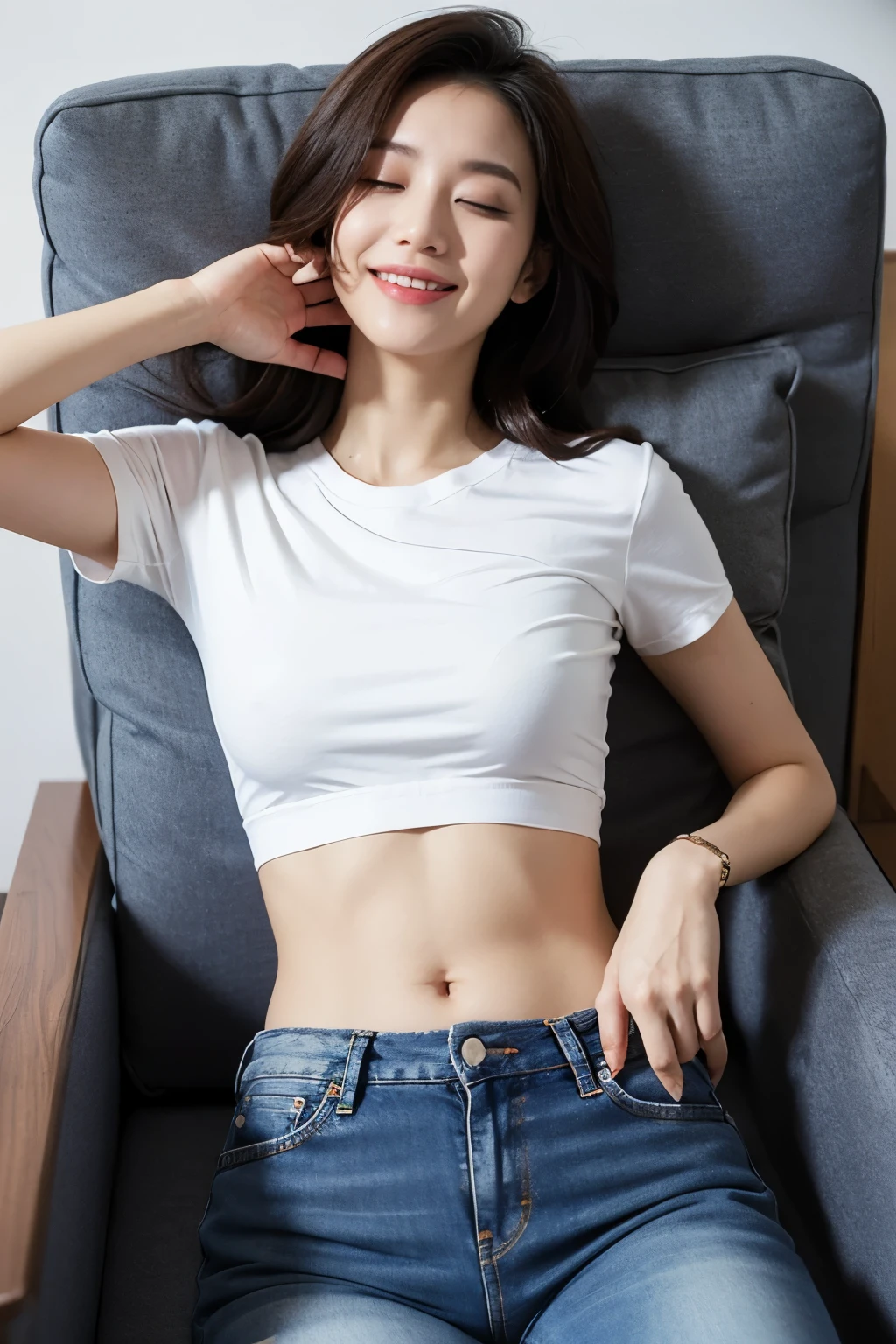 (realistic:1.2), solo, Asian woman, white t-shirt, tight shirt, crop top, midriff, navel, jeans, smile, indoors, sleeping