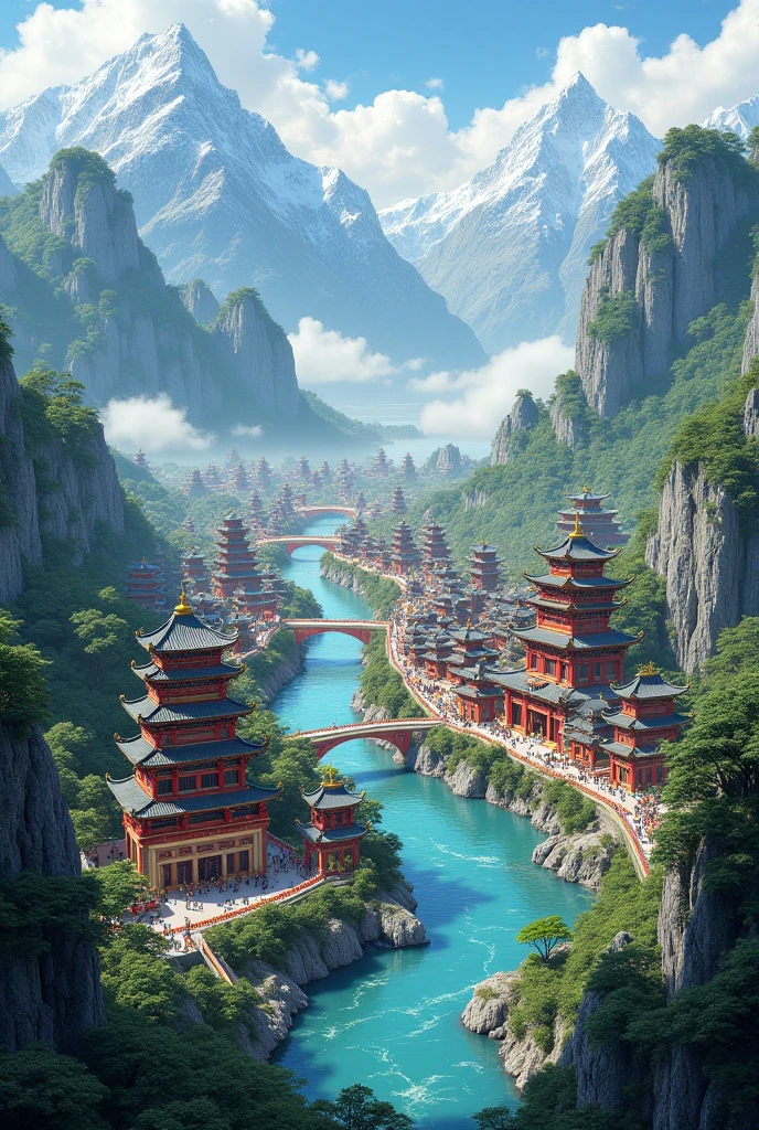 An ancient Chinese city in the middle of the mountains, with a river ...