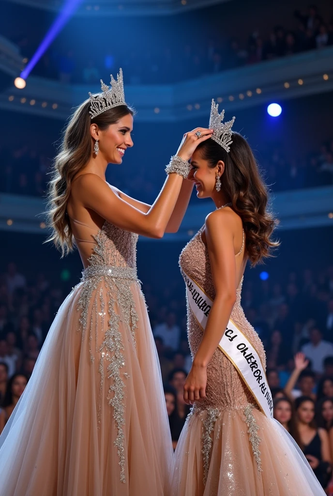 reigning Miss Universe to Winner Miss put the crown to the winner head from behind