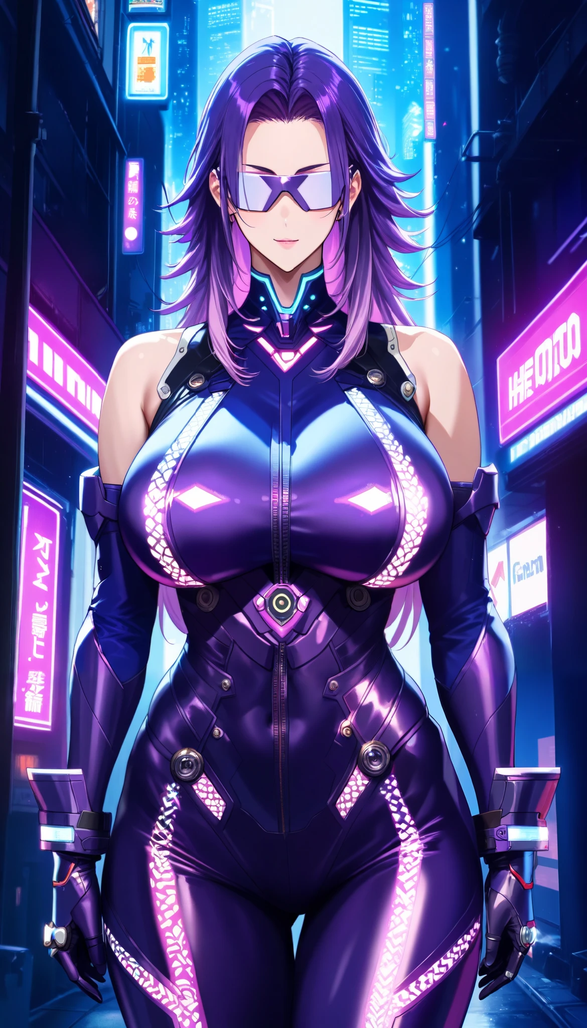 Cyberpunk city background, A woman with a perfect body, Wearing a (Sleeveless) Purple leather bodysuit biological armor, There is this white fluorescent pattern on the tights, She stood in a narrow alley, (Hands wearing Purple metal gloves),(Purple Hair,mullet),(Wearing cyber glasses), Huge breasts, Upper focus, at night, Dim neon lights, UHD, masterpiece, anatomically correct, textured skin, super detail, best quality, highres, 16k, 1080P,Cowboy shot