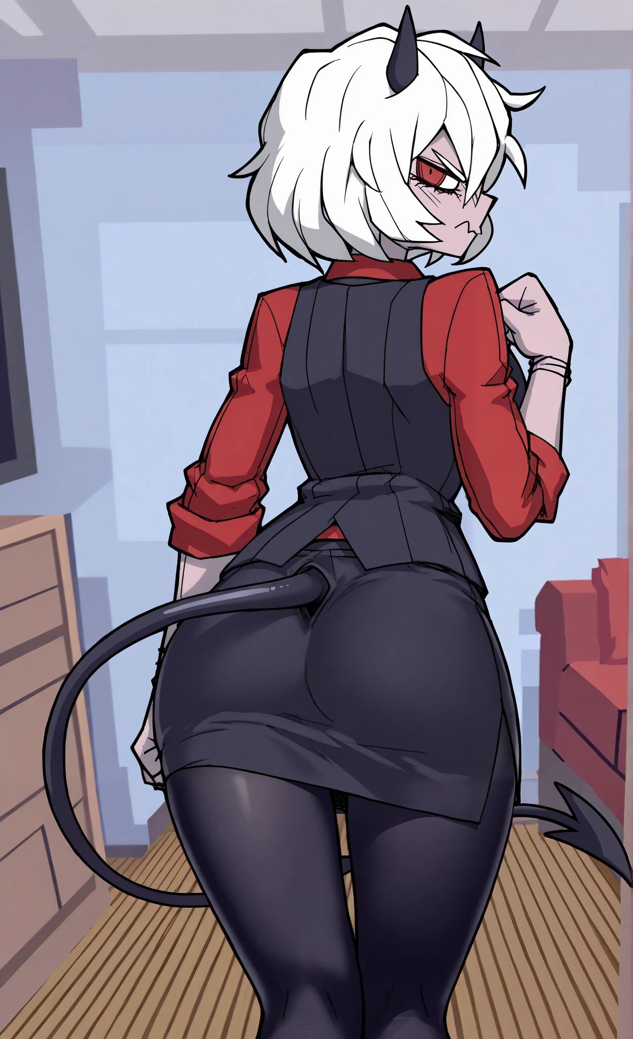 ((malina)), ((helltaker)), ((masterpiece)), ((high resolution)), ((solo portrait)), ((back view)), {(attractive figure), (pale skin), (beautiful legs), (short white hair), (demon horns), (demon tail), (cute red eyes), (short eyelashes), (annoyed look)}, {(red shirt), (black vest), (black pencil skirt), (opaque pantyhose)}, {(standing), (looking at viewer)}, ((living room)), ((light blue walls)), ((wood floor)),