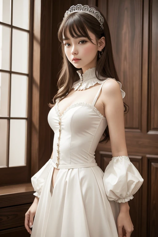 (Surrealism)、(Implications)、(high resolution)、(8k)、(Very detailed)、(Best Illustration)、(Beautifully detailed eyes)、(Top quality)、(Ultra Detailed)、(masterpiece)、(wallpaper)、(Delicate face)、Japanese Girl、Looking at the camera、Smile、((Short dark maroon hair,,,,,))、(small ,Full breasts,fit,Thin waist,,,,,,,,,)), ((Standing posture、Front view、symmetry)),(White Leather Mini Skirt、Armsleeves、Long leather boots、White corset、Necklace、Off-shoulder)、Ultra-delicate makeup、Very careful