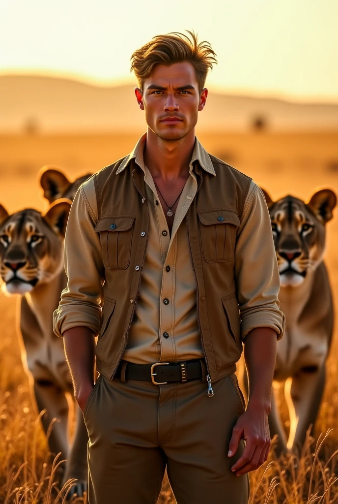 A handsome man beautiful slim white skin shirtless golden pants in the desert with two leopards