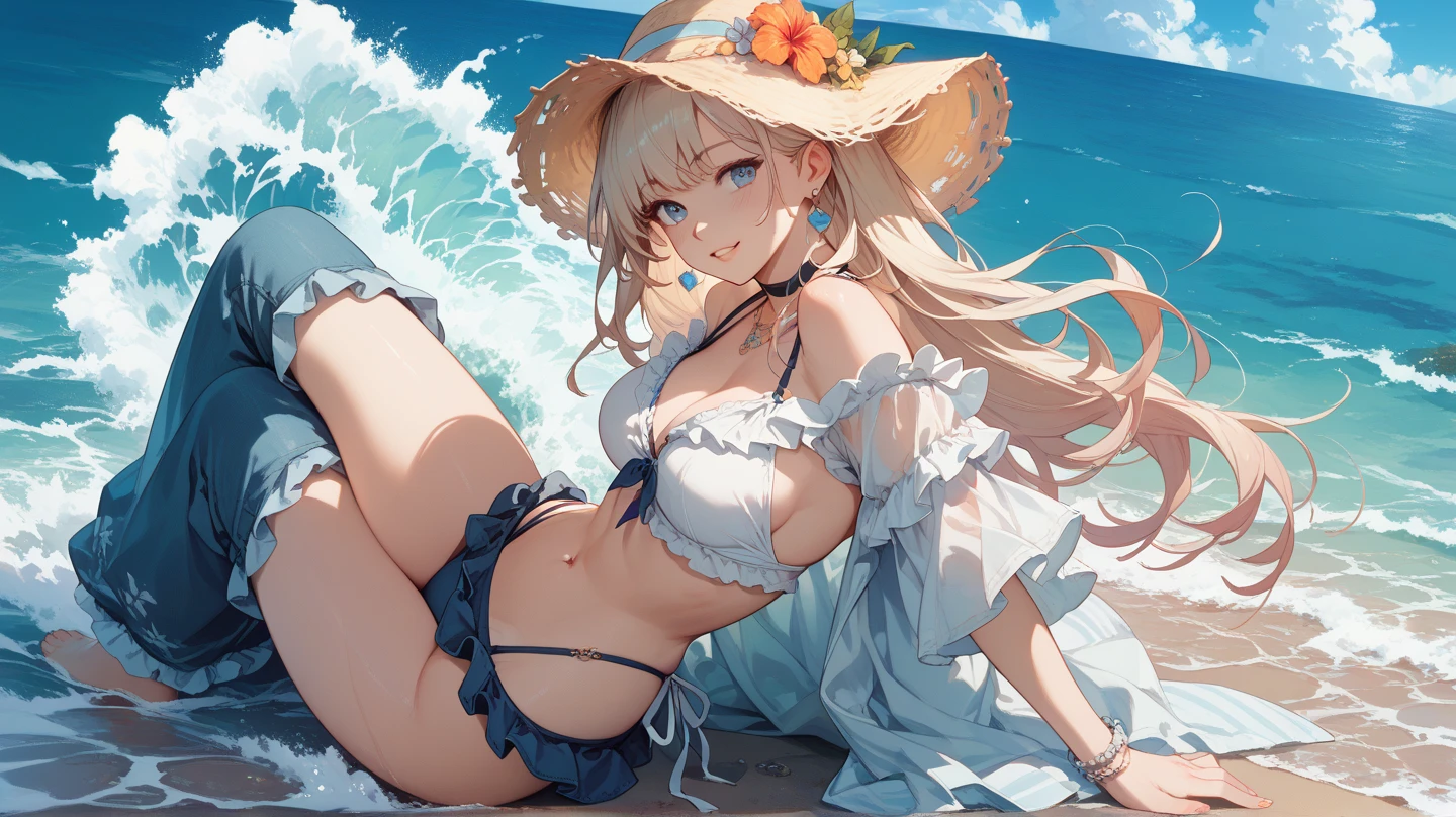 score_9, score_8_up, score_7_up, source_anime, from behind, 1girl, solo, looking back, parted lips, <lora:mercedes-pdxl-nvwls-v1:1> sumMercie, blue eyes, low-tied long hair, hair over shoulder, sun hat, black bikini, frilled bikini, bracelet, beach, ocean, splash