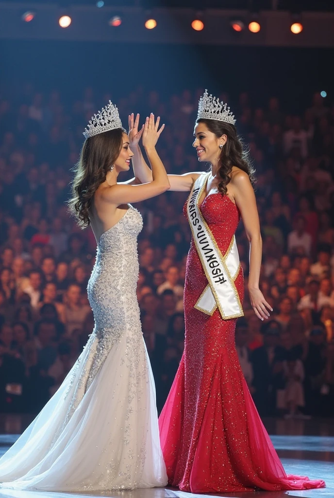 The girl put the crown on the new miss Universe from behind and sash. Wear evening gown.