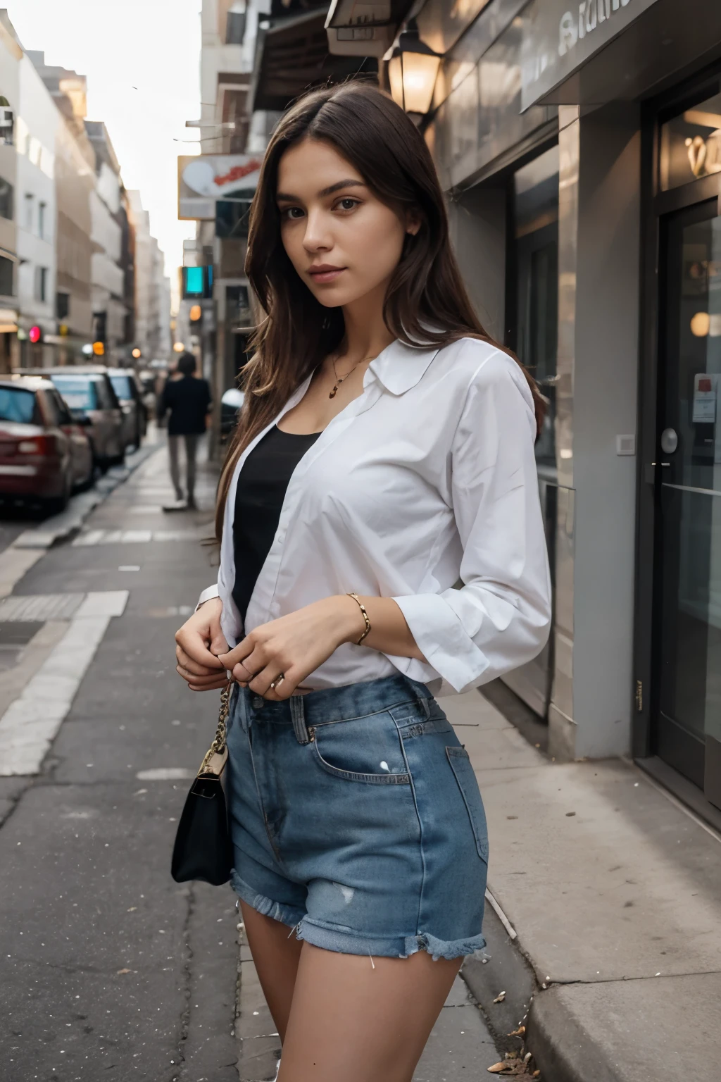 Lily James, black jaquet, white t-shirt, blue jeans