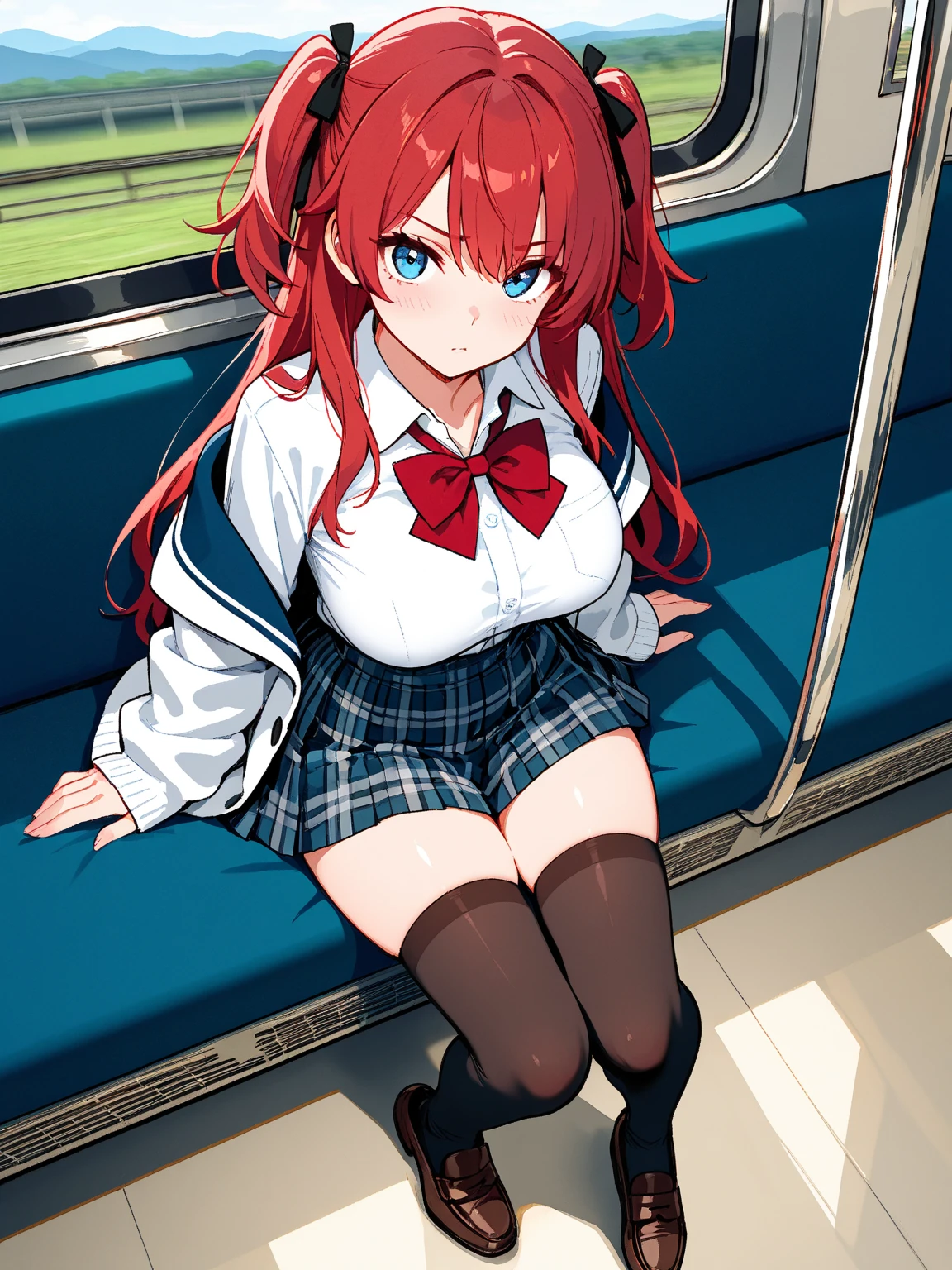 masutepiece, Best Quality, absurderes, Perfect Anatomy, 1girl in, Solo, Yoko Katori, Long hair、 ((On the train))、((A smile))、((pantyhose))、((Japan school uniform))、((a sailor suit))、((lowfers))、((Sweaters))、((a black skirt))、((Show panties))、((Spread your legs))