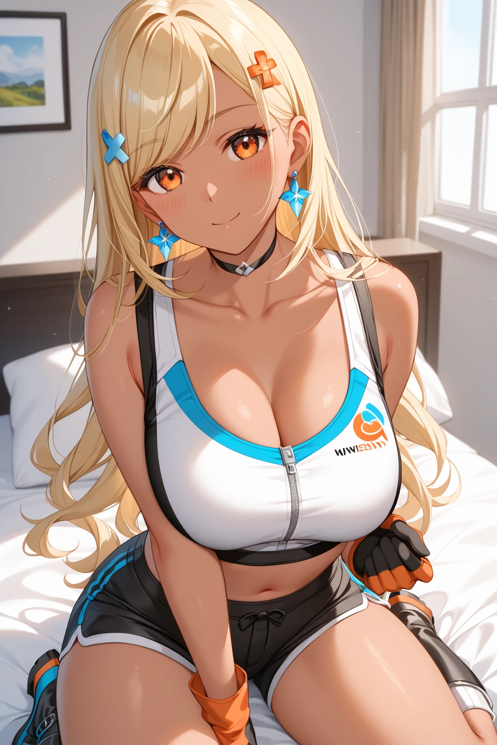 skinny bleach blonde 18 year old woman with large breasts on a yoga mat in a studio, wearing very tight bright colored yoga bra and pants, hyper detailed, photorealistic,