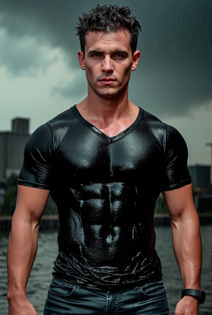 handsome male, manly, compression glossy black t-shirt, glossy silver pants, short beard, caucassian, metallic silver glossy outfit, 1boy, skin tight, anatomically correct, eye focus, detailed face, intricate details, looking at viewer, blonde hair, upper body,