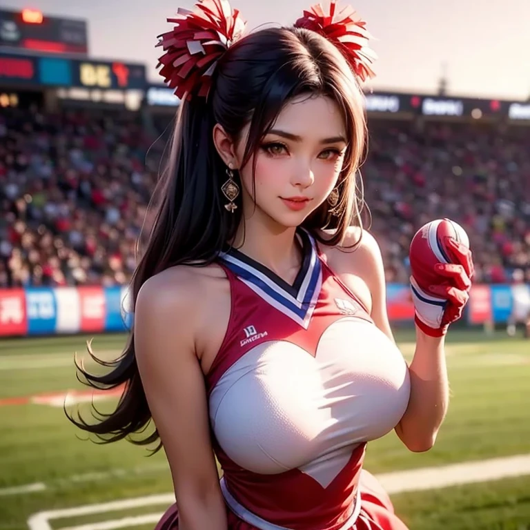 a group of cheerleaders wearing cheerleader outfit and holding pom poms is dancing and cheering up the crowd,
good hand,4k, high-res, masterpiece, best quality, head:1.3,((Hasselblad photography)), finely detailed skin, sharp focus, night, artificial light, soft lighting, dynamic angle, [:(detailed face:1.2):0.2], slender, medium breasts, cleavage, inside, <lora:cheerleader_outfit:0.2> ,<lora:betterCuteAsian03:0.35>, <lora:sung02:1>