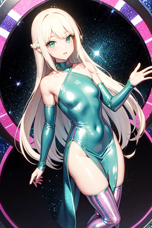 breasts, <lora:fcPerkyV3:1>, Petite woman, her every feature bathed in the ethereal glow of a holo color scheme, captivating and mesmerizing, bodycon dress adorned with shimmering, shifting, and iridescent hues, reflecting light in a dazzling display, Holographic gems delicately reflecting a rainbow of colors, slender choker adding a touch of elegance, Sleek waves of hair, shimmering with lustrous hues matching the holo color scheme, holographic makeup adorning her eyes and lips, holo-infused ambiance, floating orbs illuminating the space in iridescent glory, magnetic presence exuding grace, confidence, and a unique allure that captures all attention.