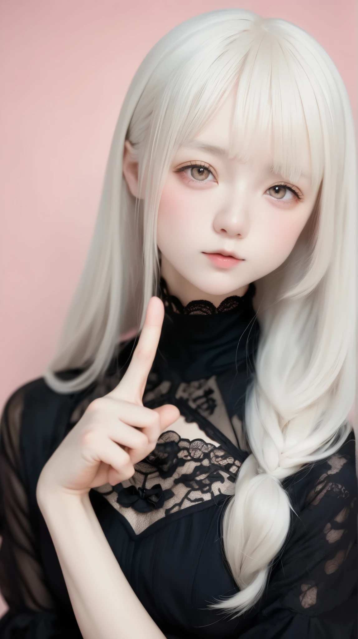 perfect anatomy, Japanese girls , alone、one girl、少し短い首:1.7, Albino Skin, Gray Hair, straight long hair , light brown eyes, high neck lace fabric black dress, (((black clothes:1.7))), Cheek resting on hand, artistic lace pattern garment、 light pink background pointing down