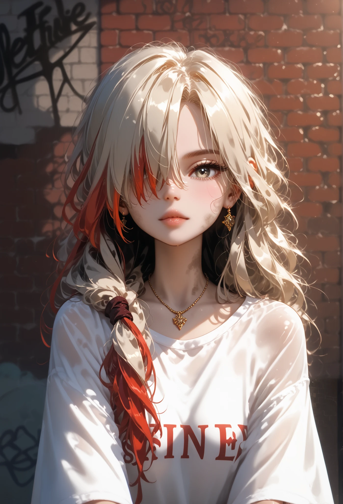ультра реалистичное 8k cg, masterpiece, ((ultra detailed background, delicate pattern, complex part)), Best quality, complex parts, chromatic aberration, 1 girl, long hair, Golden hair, dirty hair, red highlights, hair over one eye, keen eyes, necklace, Brick wall, graffiti, dim lighting, lane, oversized shirt,from the shoulder, see through a white shirt, masterpiece, Best quality, Shine, score_9, score_8_up, score_7_up
