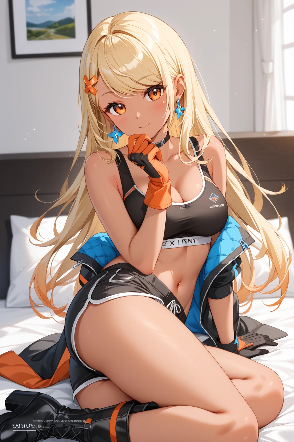 Hmph,,Nipples,Spread the word ,On the bed,Highest quality, Ultra-high-definition 8K CG rendering, Tabletop, High resolution, Very detailed,
1 girl, alone, 17 years old, Blonde, Wavy long hair, blue eyes, whole body, Fighting Pose, flight, (Small breasts:1.2), Big smile,
Bare shoulders, Shining white, mecha musume, Mechanical foot, headgear, yellow armor, In San Francisco City