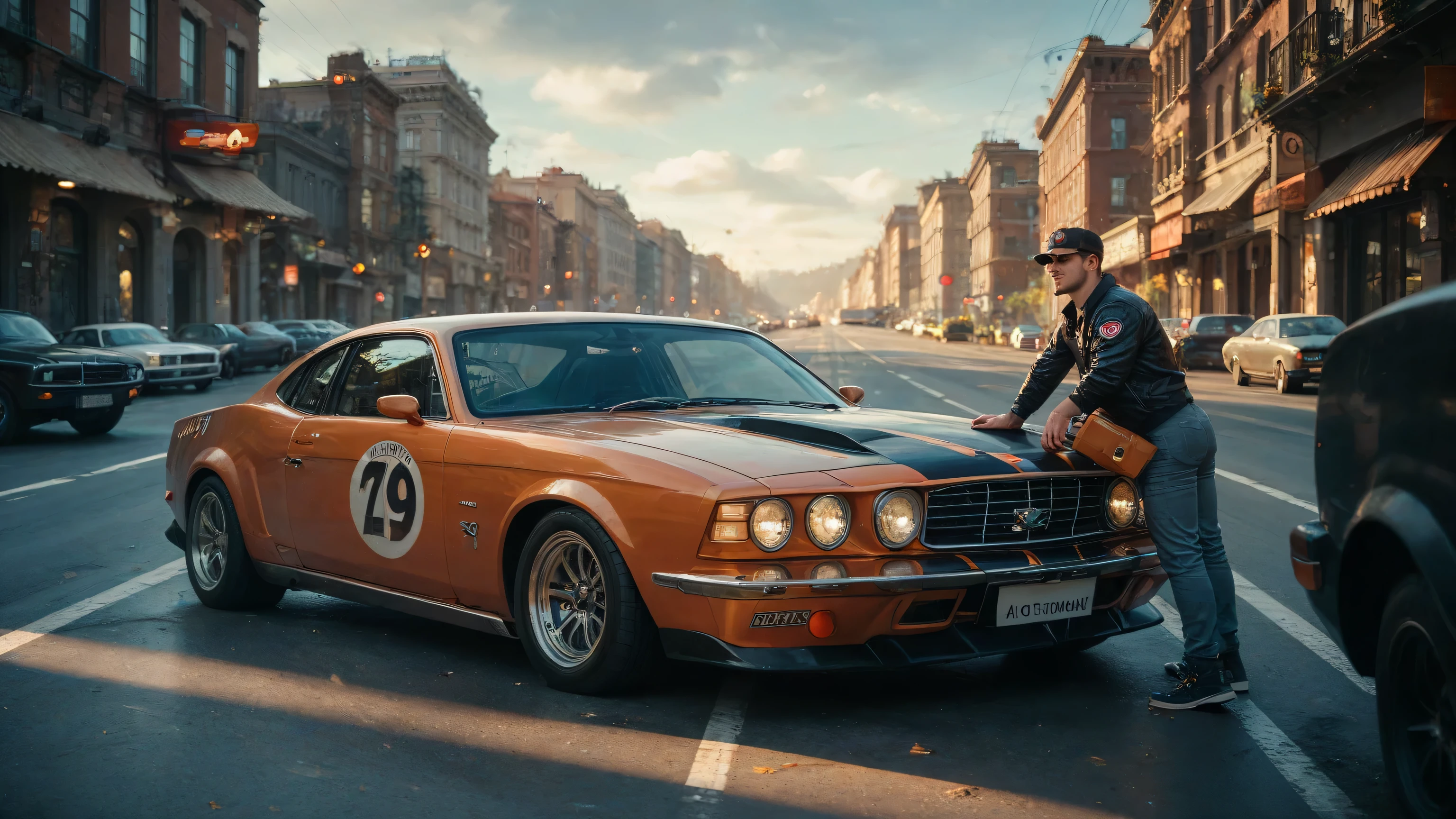 a mustang car races down a highway while an atomic bomb explodes in the distance in the city he just left