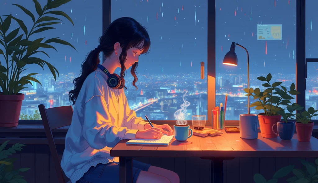night、Moon and light、healing、lo-fi、Tranquility、Cassette tape recorder、Steaming coffee、Woman listening to music at desk