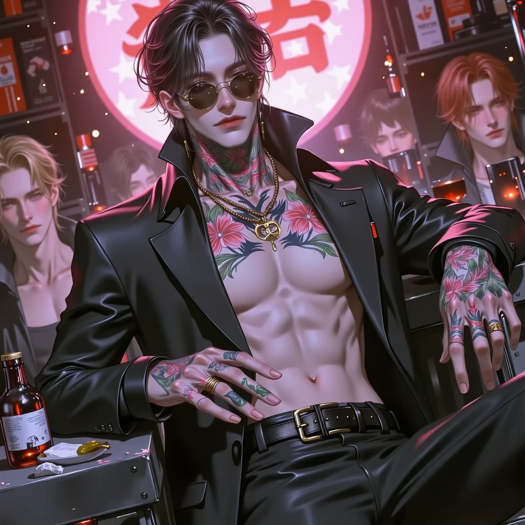 a close up of a person holding a glass of alcohol, handsome guy in demon slayer art, anime handsome man, neo noir style, anime portrait of a handsome man, male anime character, handsome anime pose, neo - noir style, beaten tech. neo noir style, detailed anime character art, male anime style, badass anime 8 k, kentaro miura manga art style