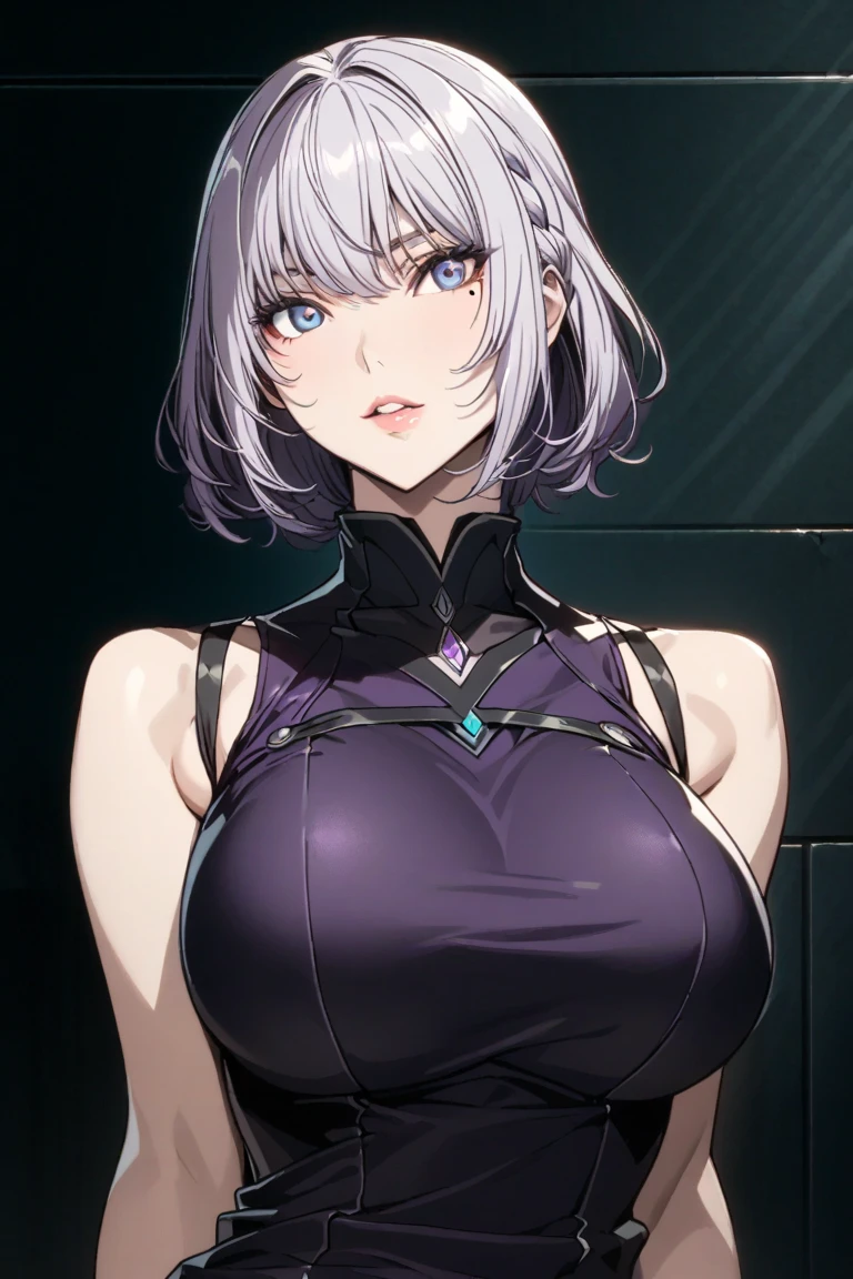 (masterpiece, best quality), 1girl, solo, looking at viewer,
<lora:Ratetaso-v1:0.95>, thick thighs,
upper body, portrait, 
straight-on,
blush, closed mouth,
lilac hair, very short hair, parted bangs, curly haircut, 
aqua eyes, empty eyes,
large breasts,
modest attire, conservative clothing, covered collarbone, high collar,
adjusting hair, hand up,
night, indoors,